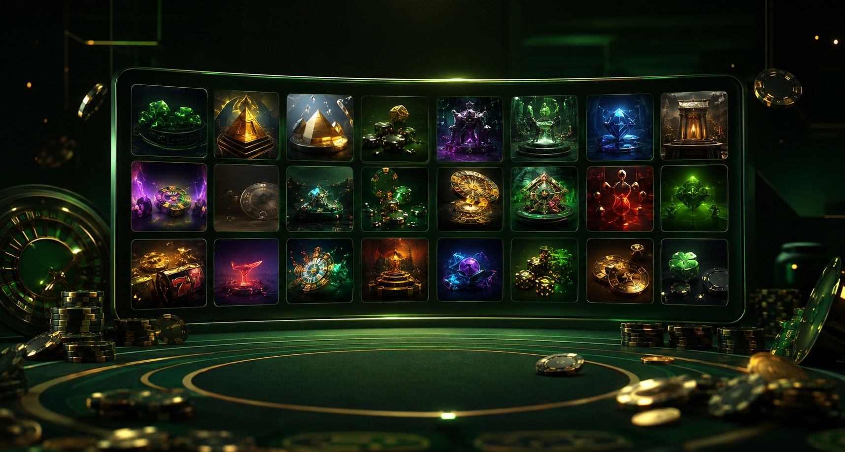 Composizione editoriale verde con tessere di giochi e tavolo da casinò