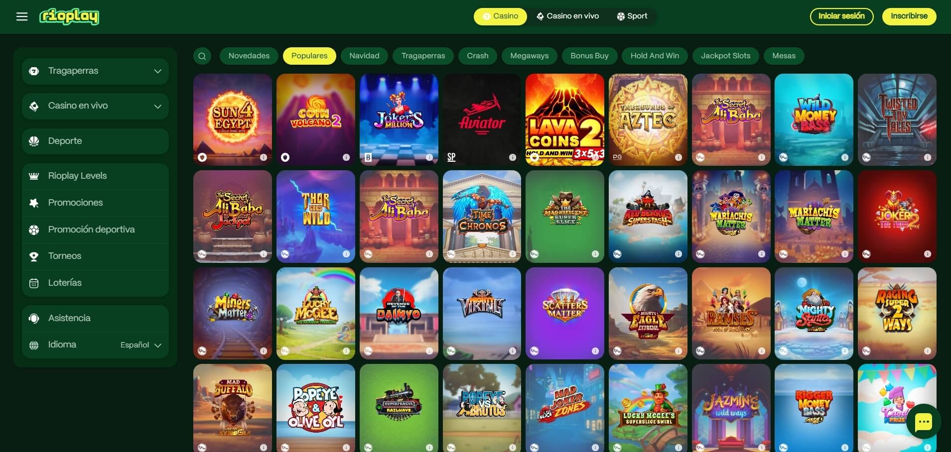Schermata del catalogo Rioplay con categorie e griglia di giochi